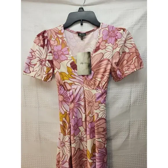 Lily Rose Women Dress XS Floral Belted Fit & Flare Mini V Neck 70's Puff Sleeve - Picture 3 of 9